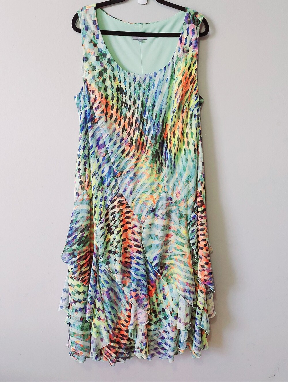 Laura Geometric Tiered Ruffle Asymmetric hem Sleeveless Midi Dress Plus Size 22